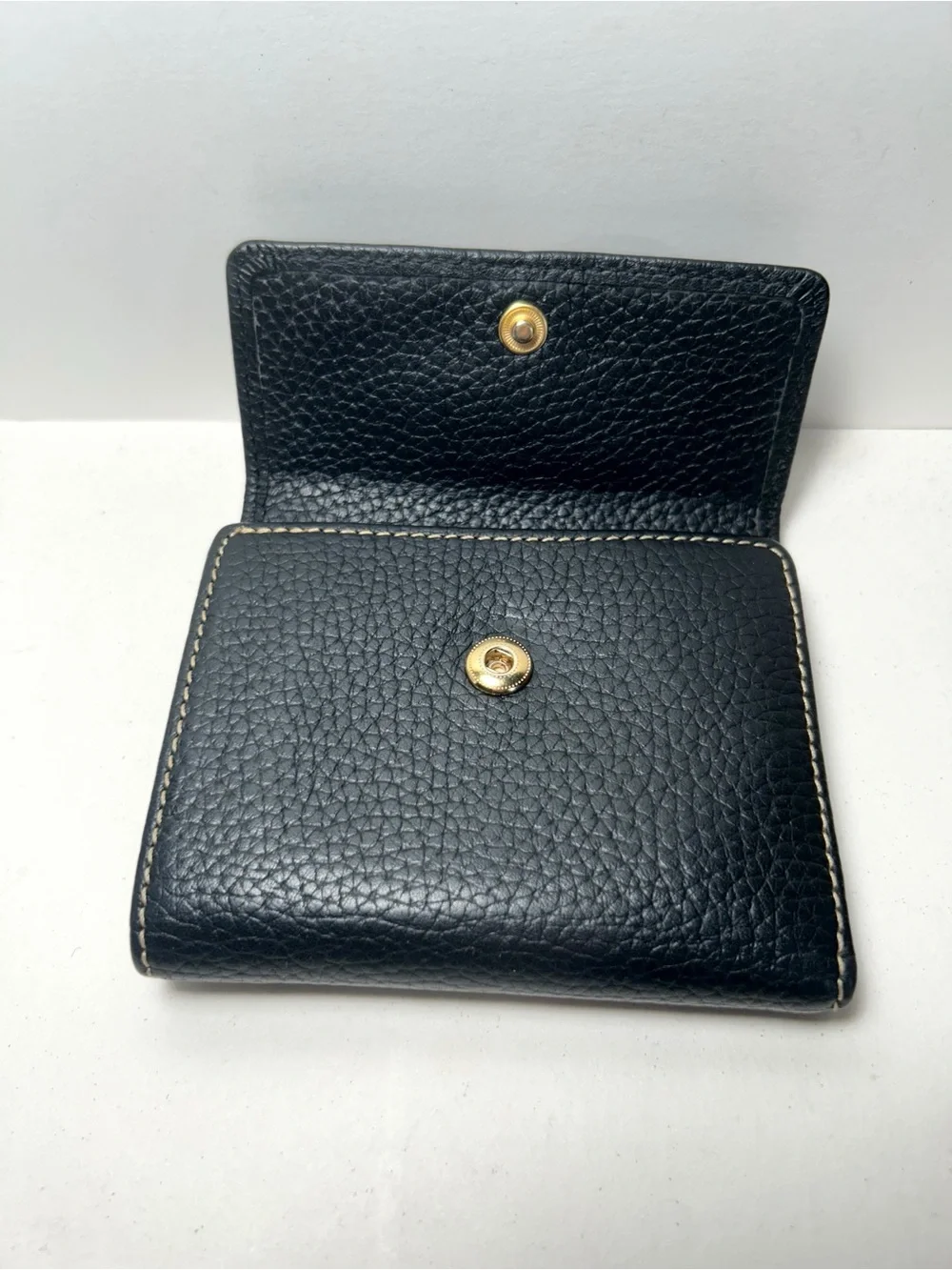 Dooney & Bourke Black Pebbled Leather Compact Trifold Wallet with Gold Plate EUC